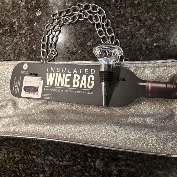 Insulated Wine Bag Silver Metalli. Glitterwith Chain Handle and Glass Cork NWT - Picture 2 of 7